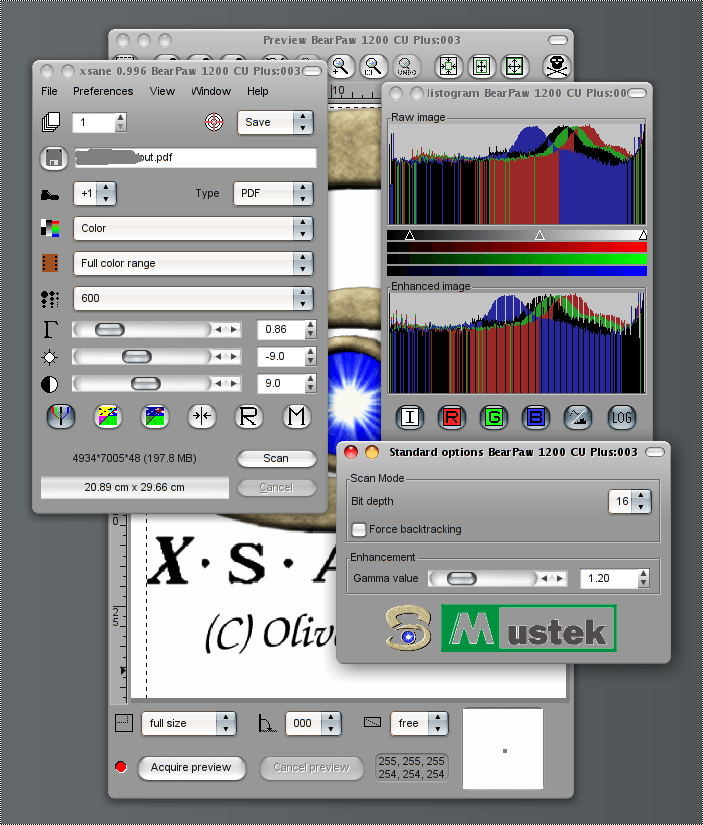 Scanning in Linux (BearPaw 1200 CU Plus on Fedora 11)